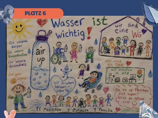 Das Bild zeigt den Text "DANKE!" und "PLATZ 6". Im Zentrum ist eine kindliche Zeichnung mit einer Air Up Flasche und Sätzen wie "Wasser ist wichtig!" zu sehen. Unten steht der Text: "DASS IHR SO TOLL MITGEMACHT HABT.